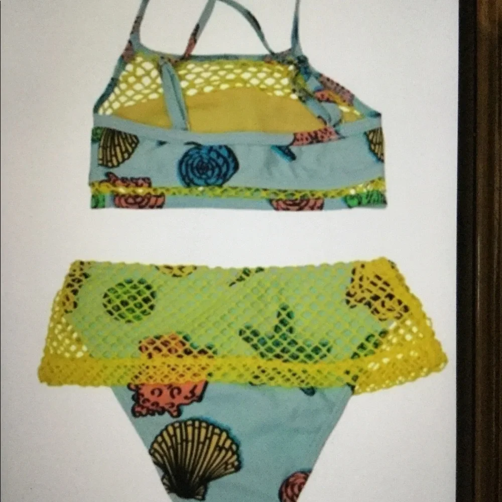 NWT Vigoss SZ 4 Shells! Bright Yellow & Aqua Crochet Mesh Skirt Swim Set